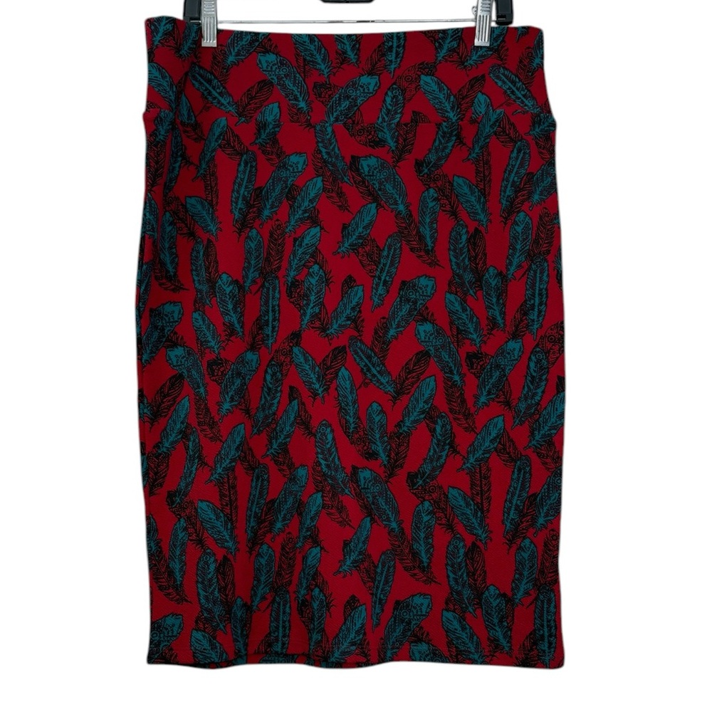 NWT LuLaRoe Cassie red turquoise black feather print pencil skirt size XL